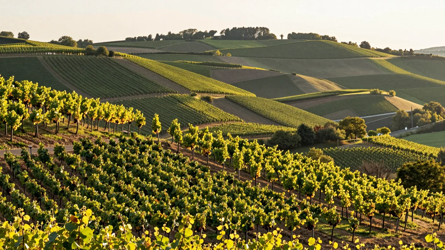 Sanfte Hügel mit Weinbergen und Feldern im Morgenlicht