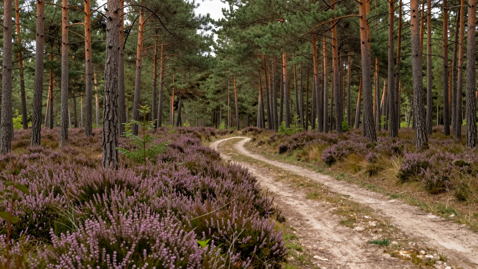 Sandweg durch einen Kiefernwald mit blühender Heide