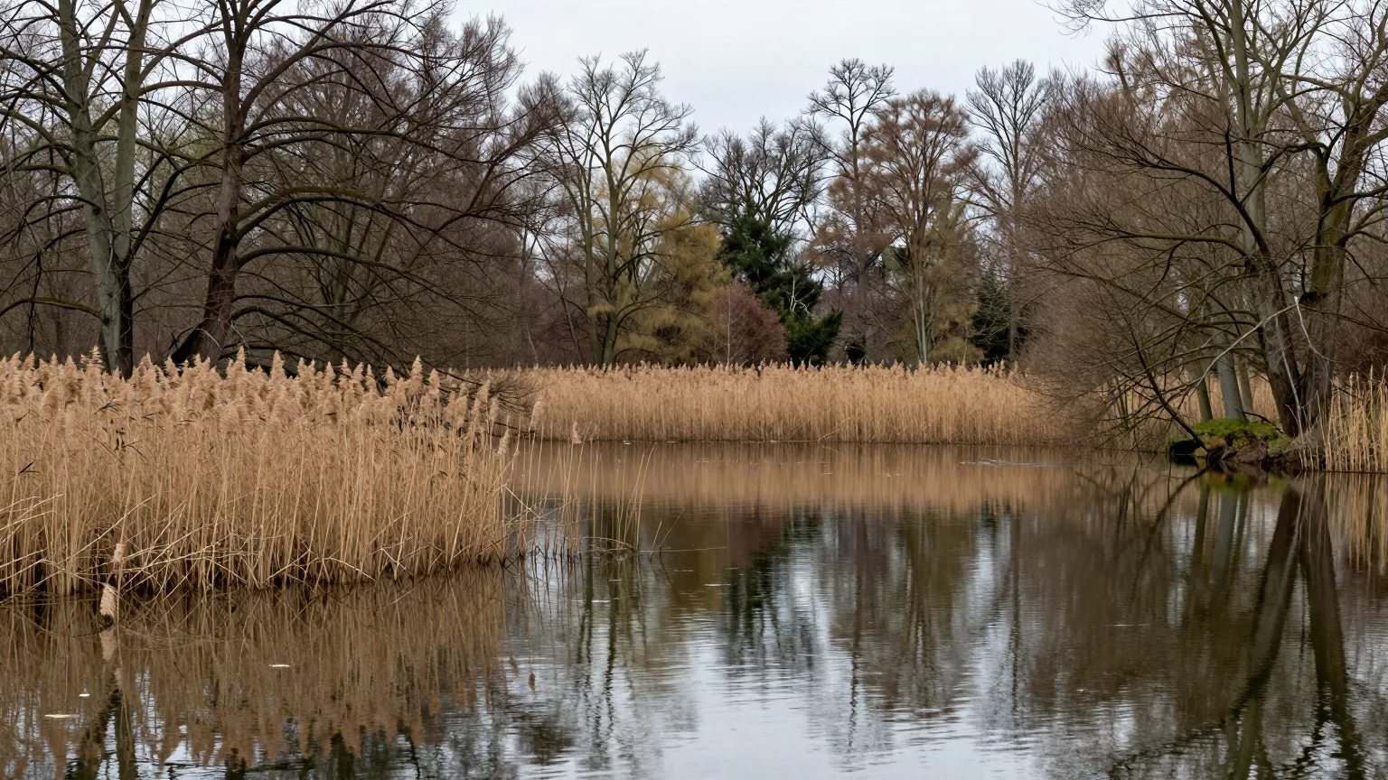 Stiller See mit Schilf und kahlen Uferbäumen an einem grauen Tag