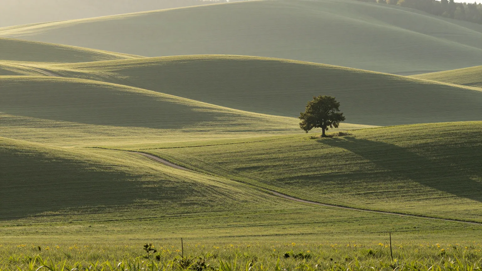 Sanfte grüne Hügel mit einem einzelnen Baum und einem Feldweg im warmen Licht