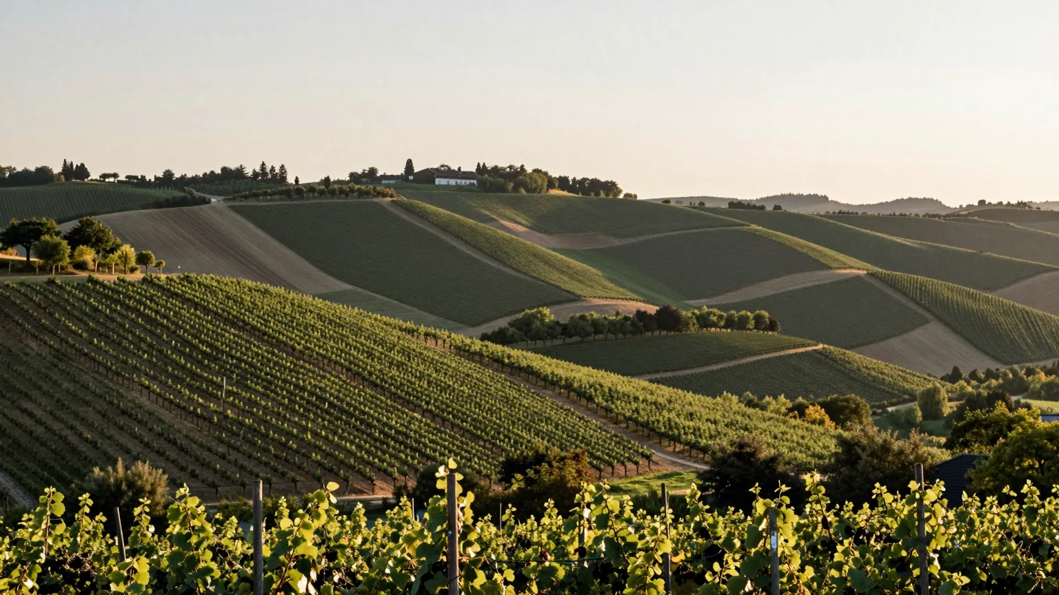 Weinberge und Hügel im warmen Abendlicht