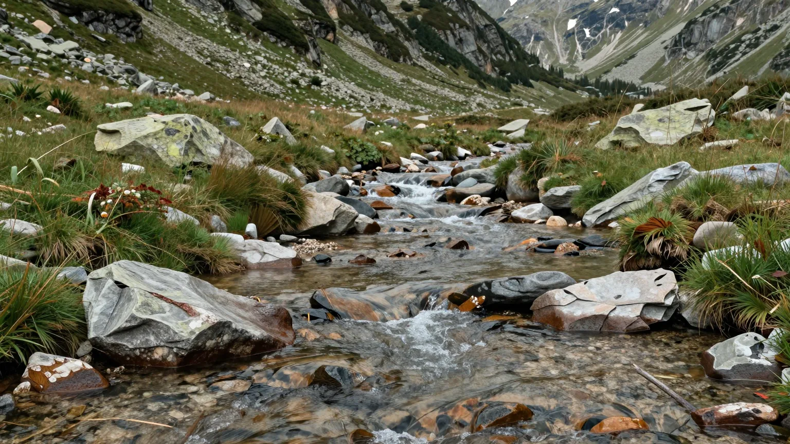 Bachlauf durch ein steiniges Tal