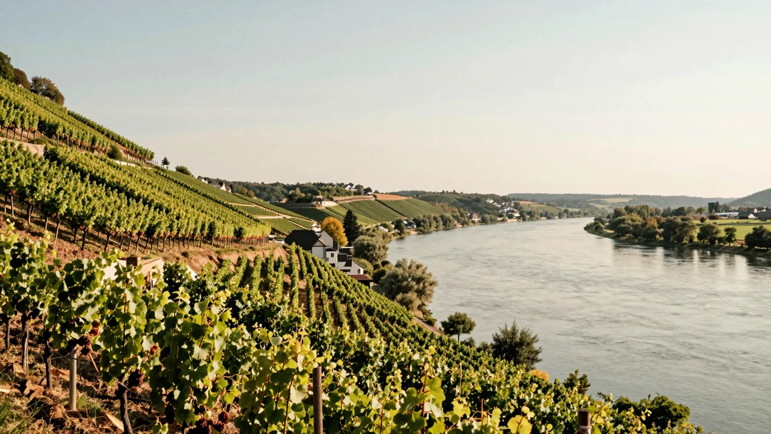 Weinberghang über einer Flussbiegung im Morgenlicht
