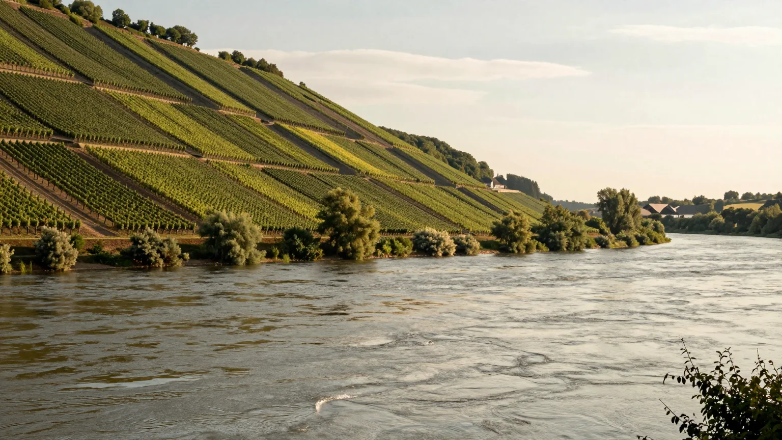 Terrassierter Weinberghang, der zum Fluss abfällt