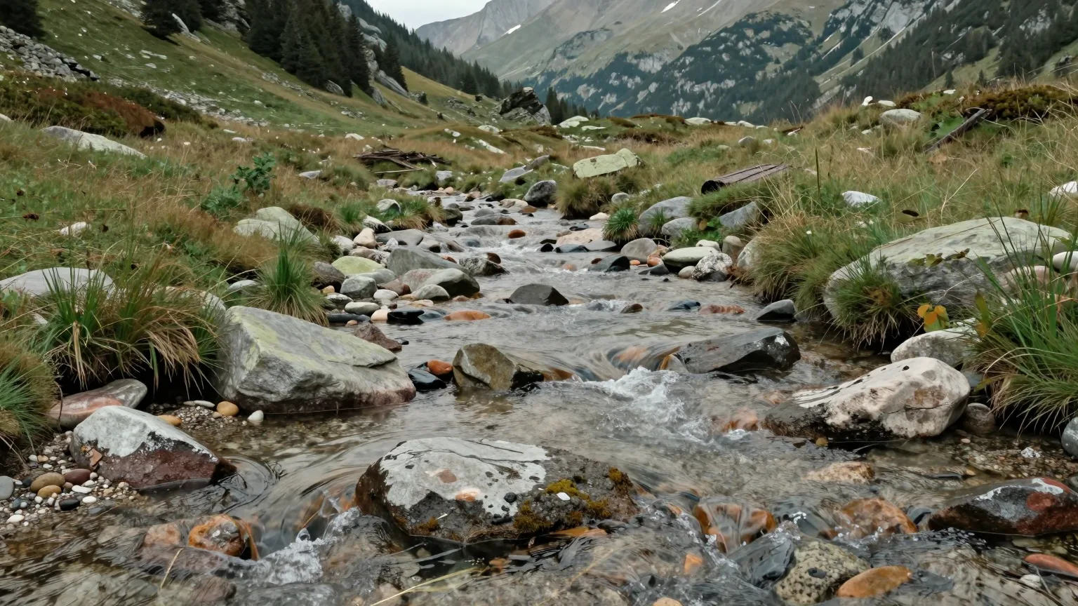 Bach, der sich über Steine seinen Weg durchs Tal bahnt