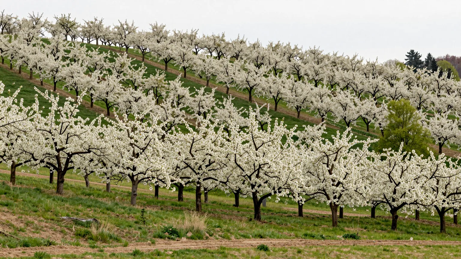 Blühende Streuobstwiese am Hang