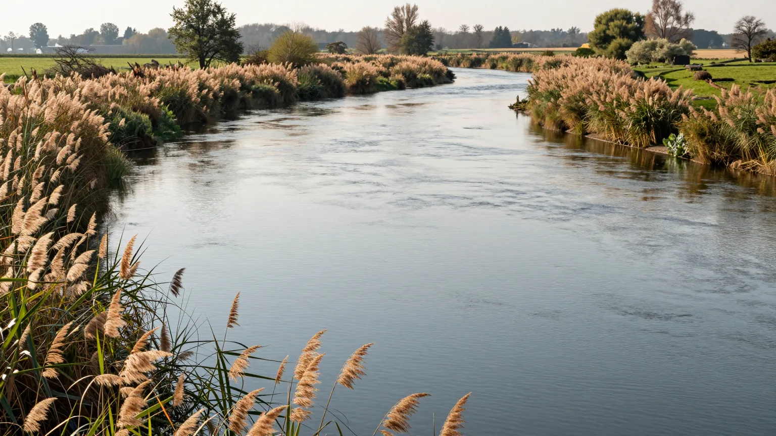 Schilf an einem stillen Wasserlauf, weiches Abendlicht
