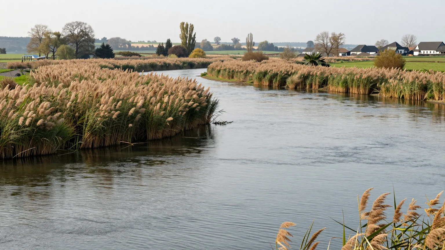 Schilf entlang eines ruhigen Wasserlaufs