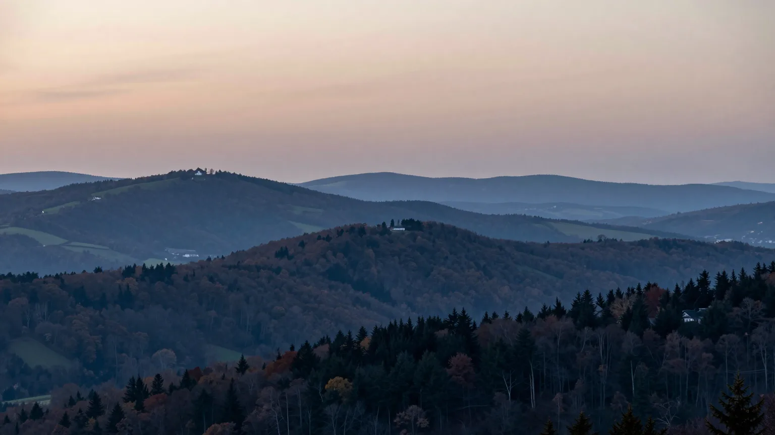 Waldhügel in blauer Dämmerung, weicher Himmel