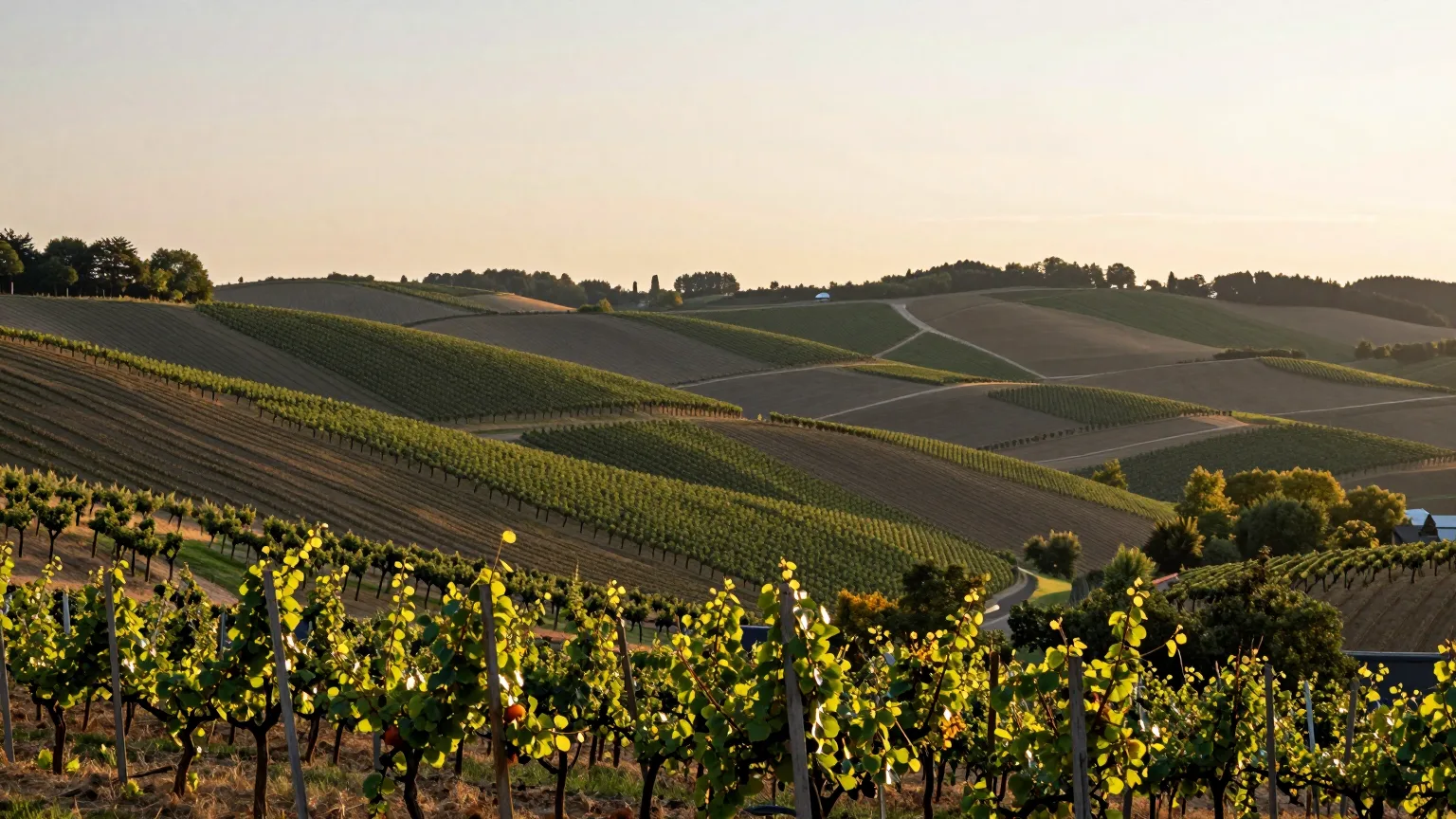 Weinberghänge mit Wegen im Abendlicht