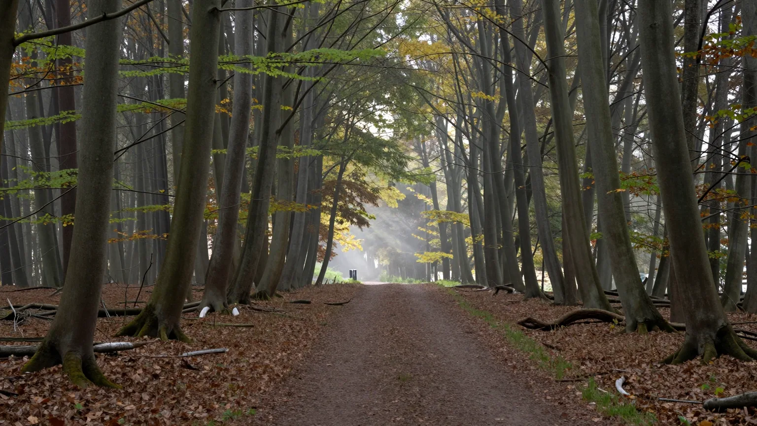 Waldweg, an dessen Ende Licht durch die Baumkronen fällt