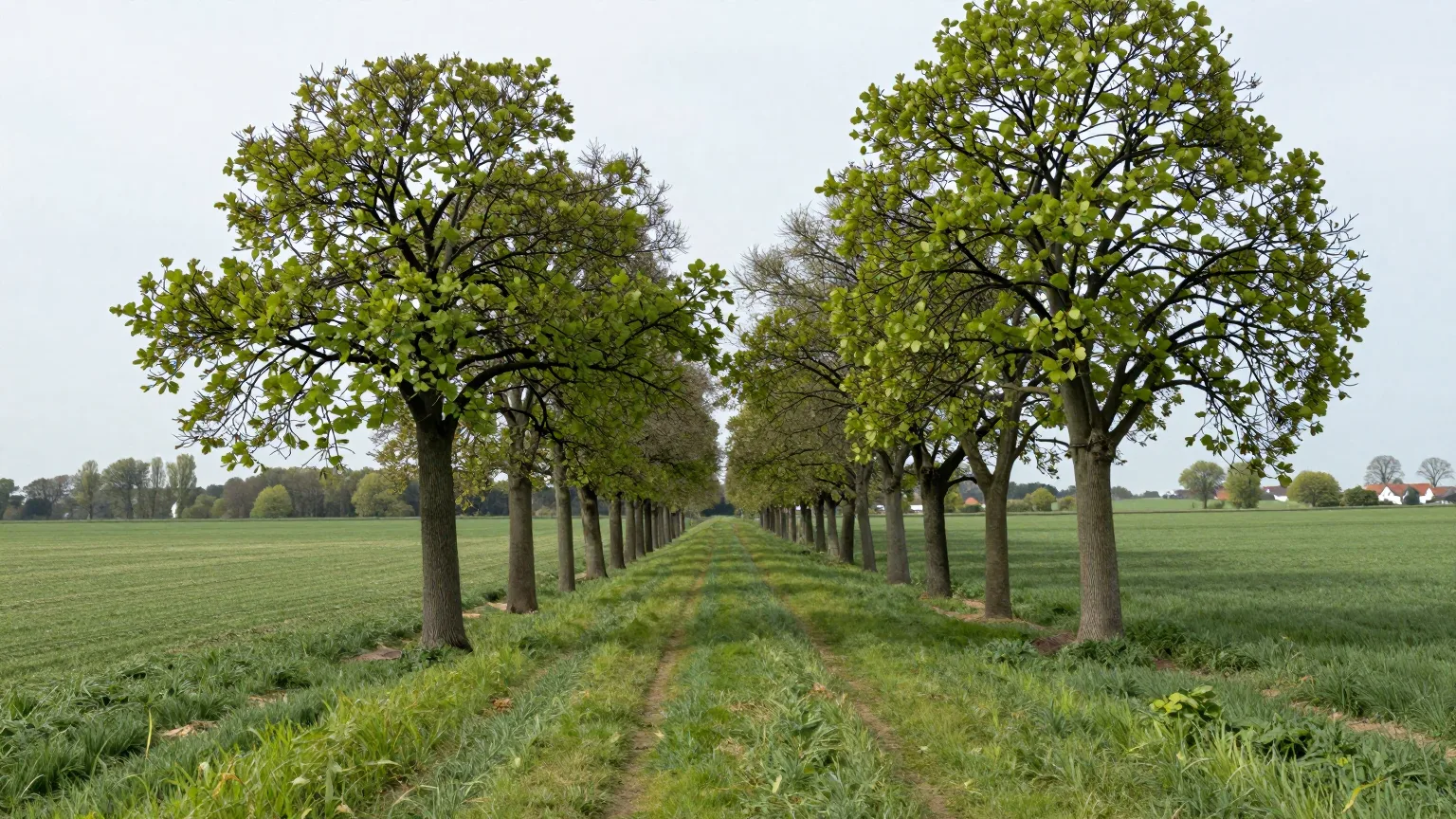 Allee junger Bäume durch grüne Felder