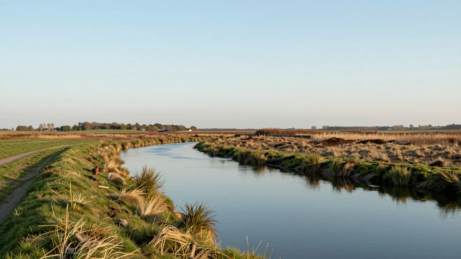 Kleiner Fluss durch flaches Grünland