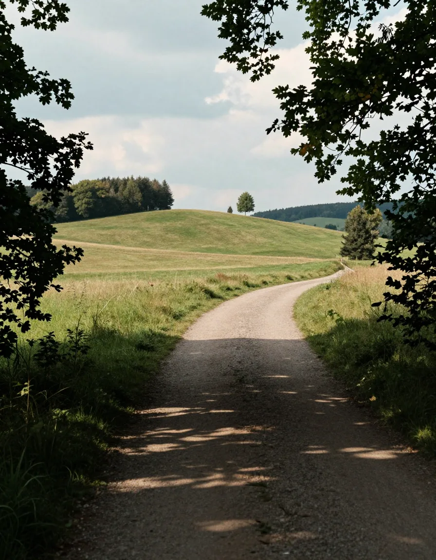 Ein Weg kommt aus schattigen Bäumen und öffnet sich auf eine sonnige Wiesenkuppe
