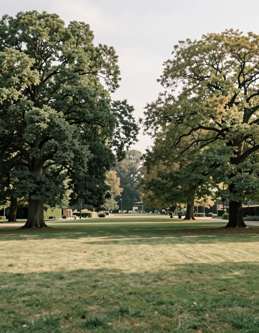 Alter Baumbestand und eine weite Wiese in einem ruhigen Park