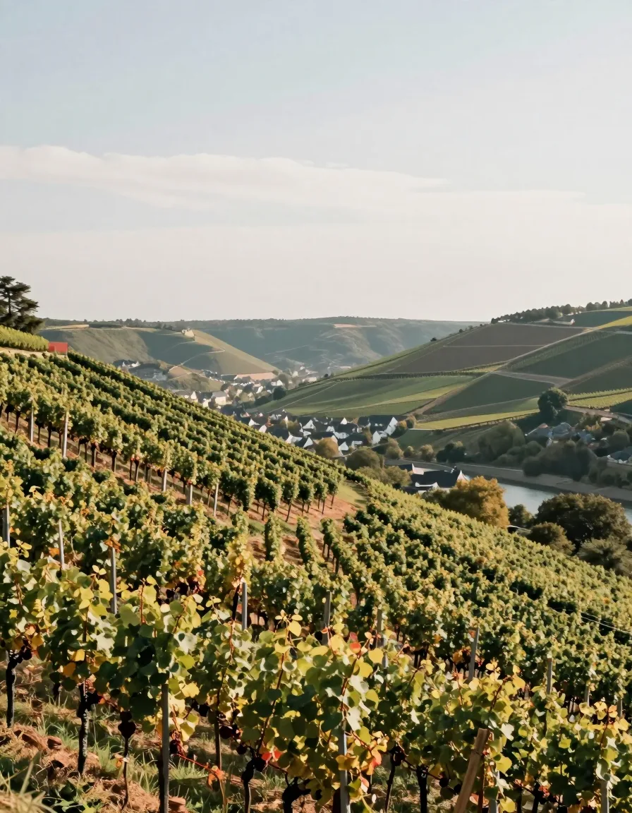 Weinberge und Baumhänge über einem weiten Tal im späten Sommerlicht