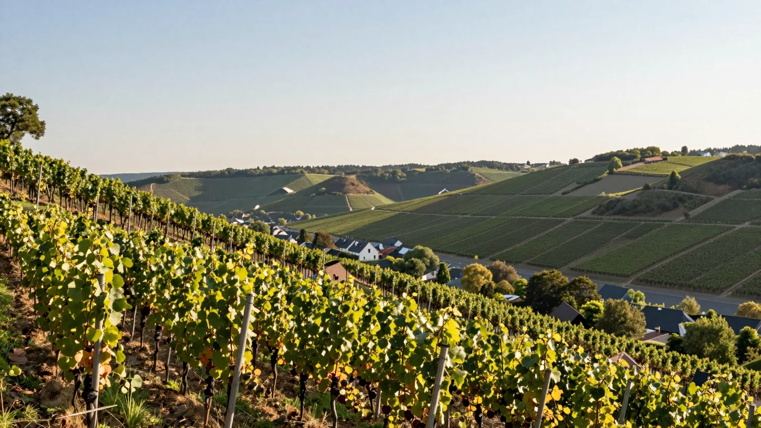 Sonnige Weinbergshänge, dahinter ein weites Tal mit Feldern und Bäumen