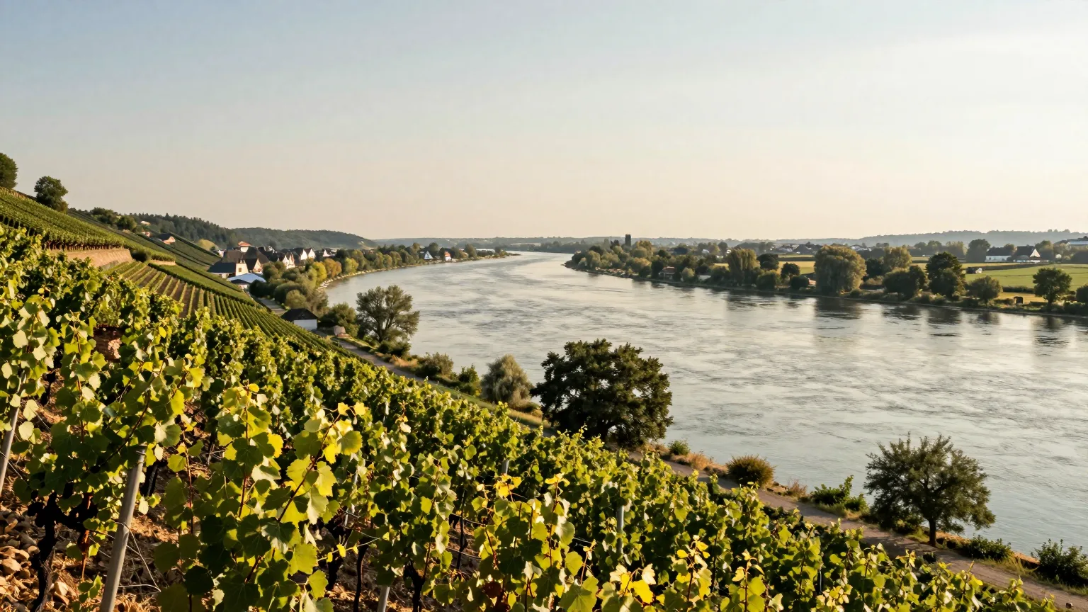 Rheinufer mit Weinberghang und Dorf im Abendlicht