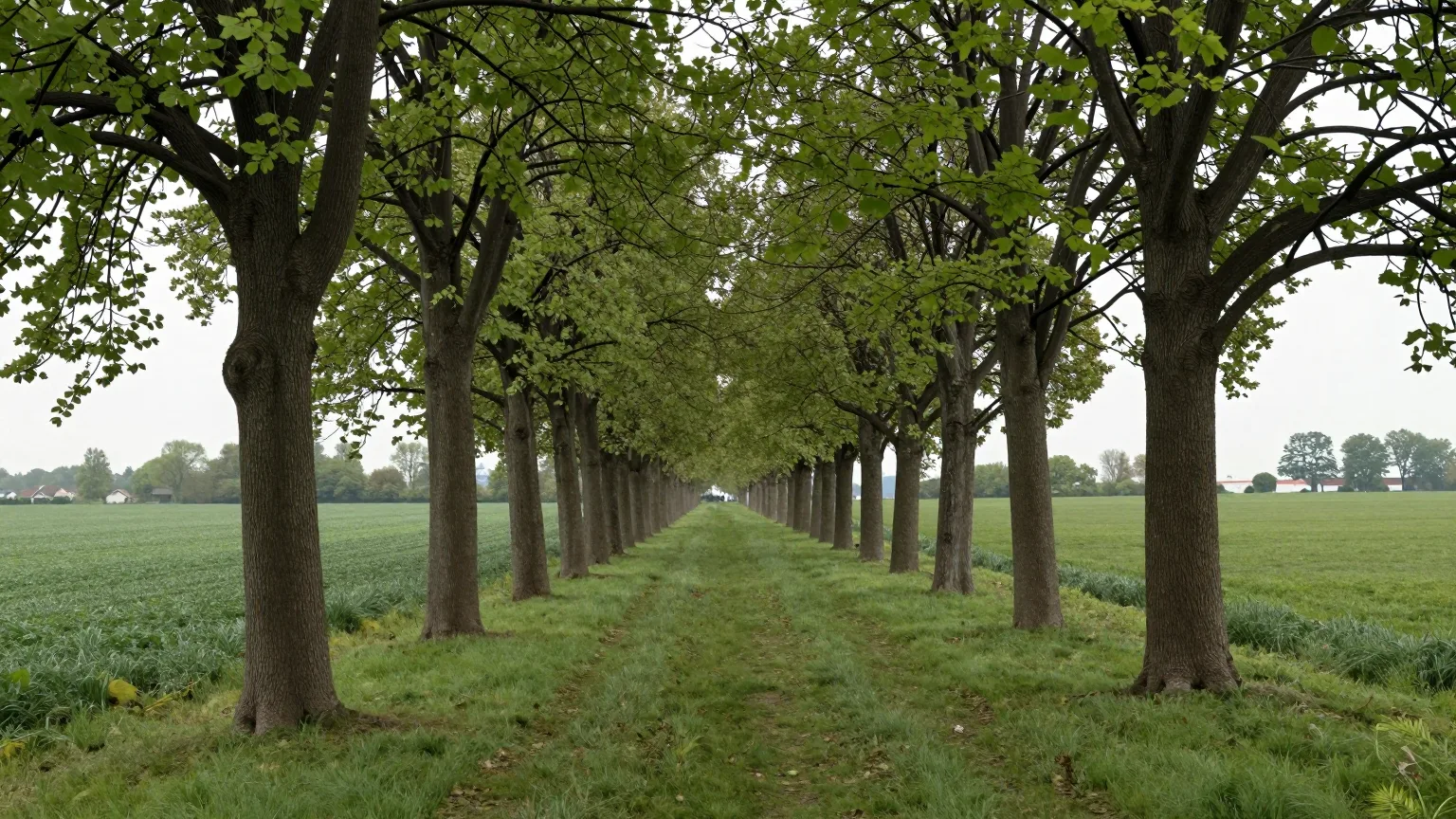 Lindenallee über einem Grasweg zwischen Feldern