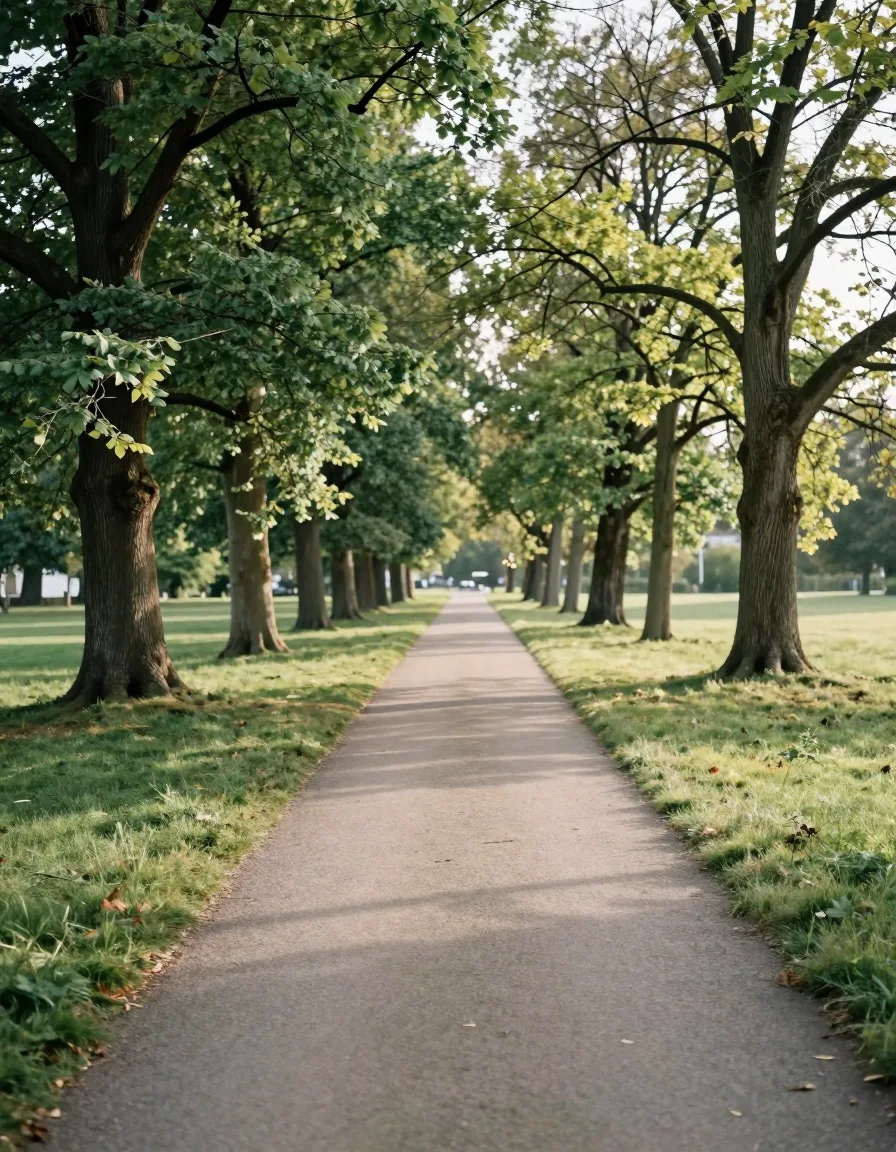 Gerader Parkweg zwischen alten Bäumen im weichen Licht