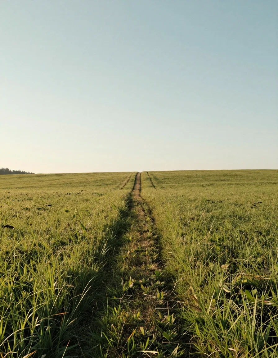 Ebener Feldweg durch eine weite Wiese im Morgenlicht