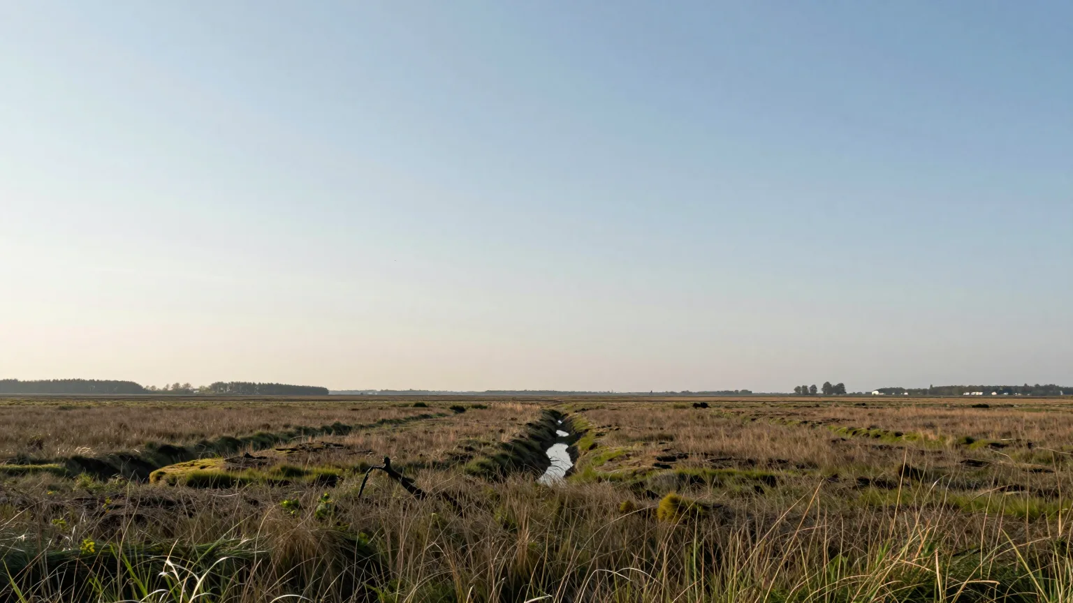 Moorlandschaft mit Graben in der Abenddämmerung