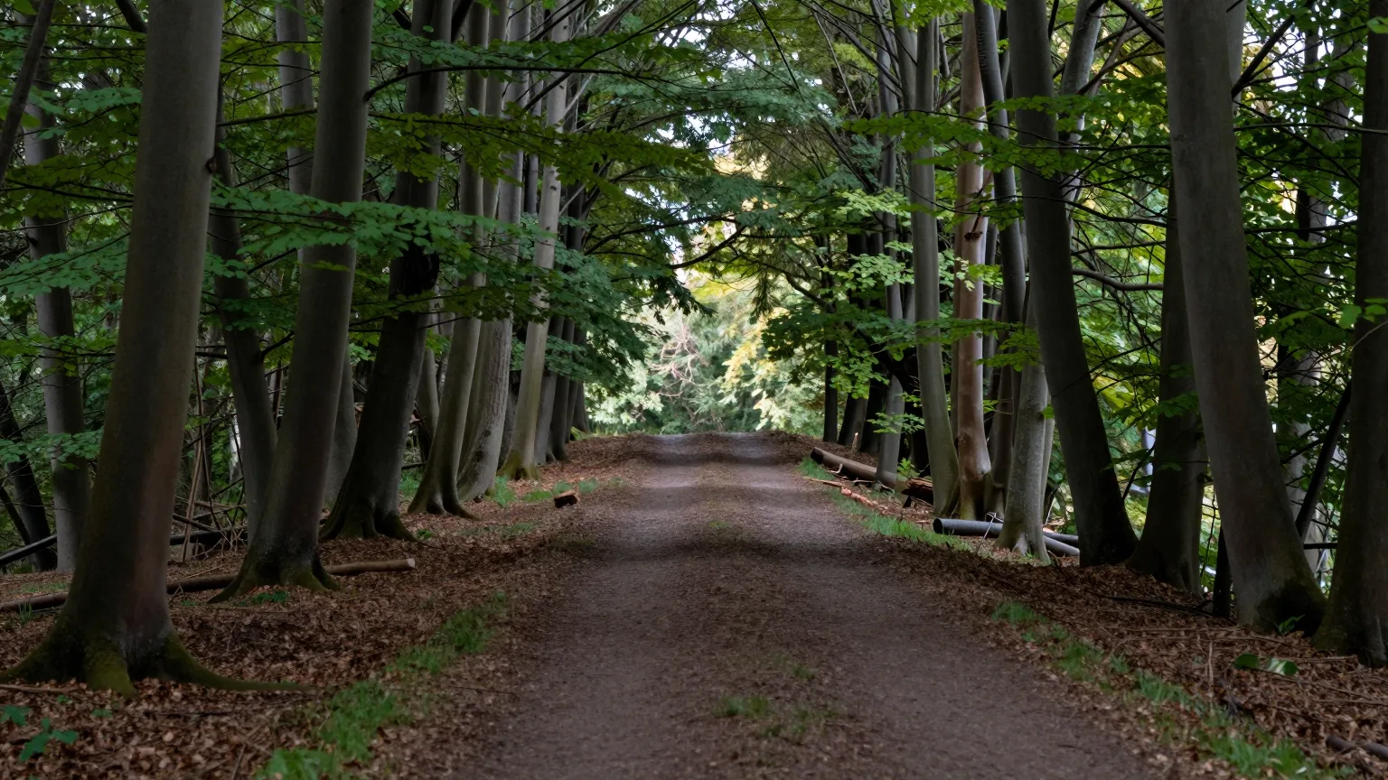 Waldweg zwischen mächtigen Bäumen, Licht fällt seitlich ein