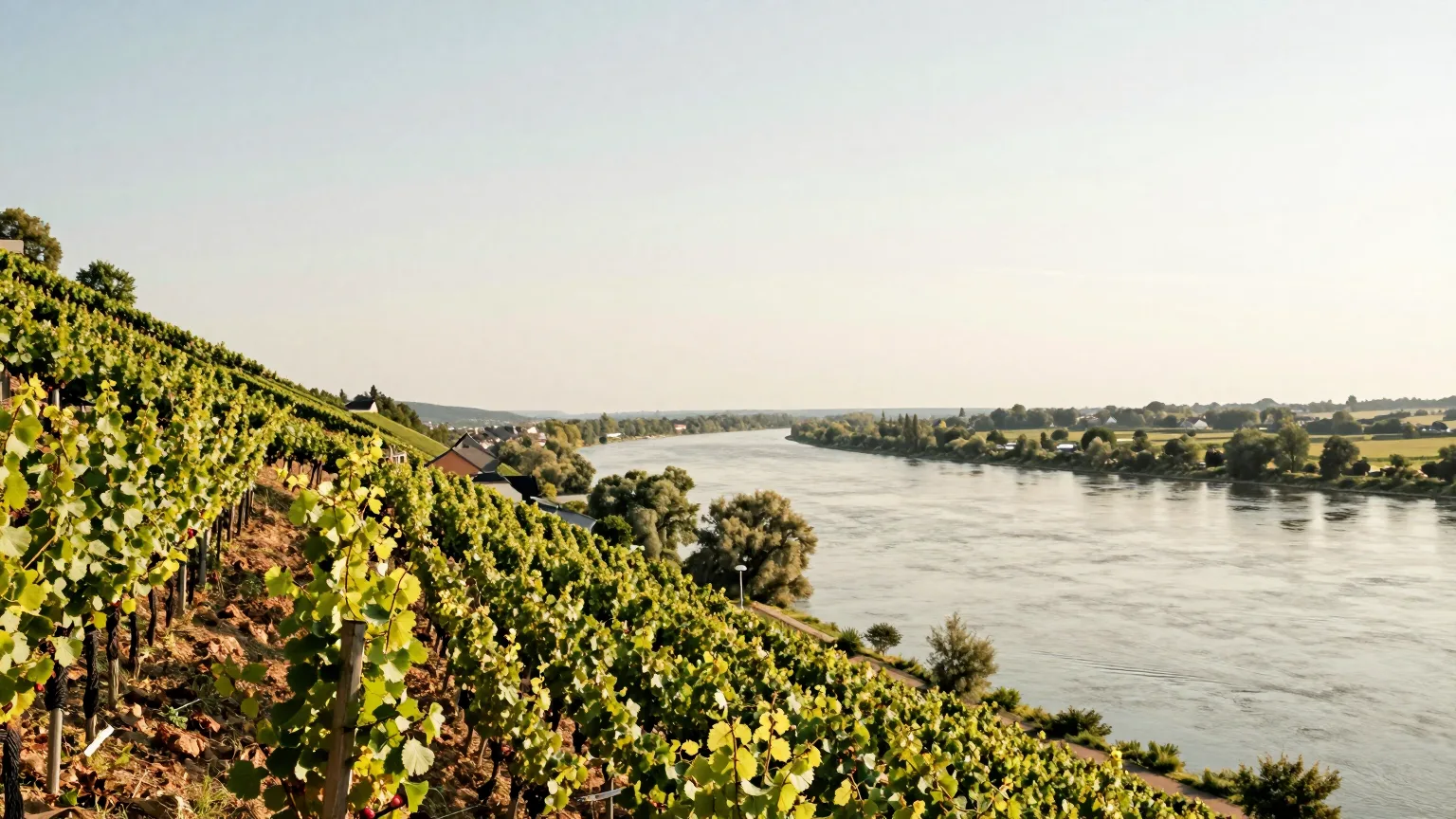 Weinberghang über einem Fluss im Abendlicht