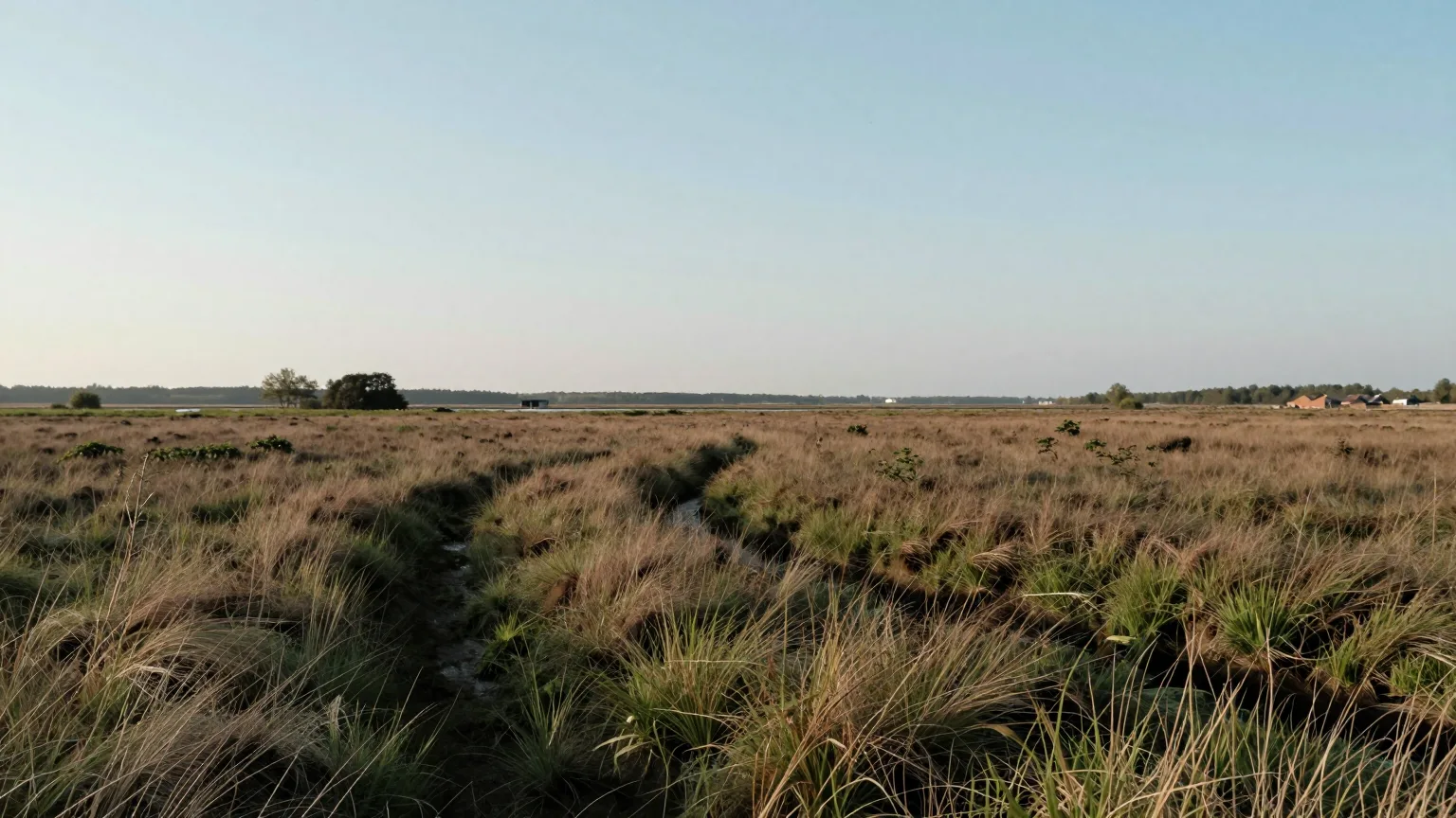Offene Heidelandschaft mit Bachlauf im Morgenlicht
