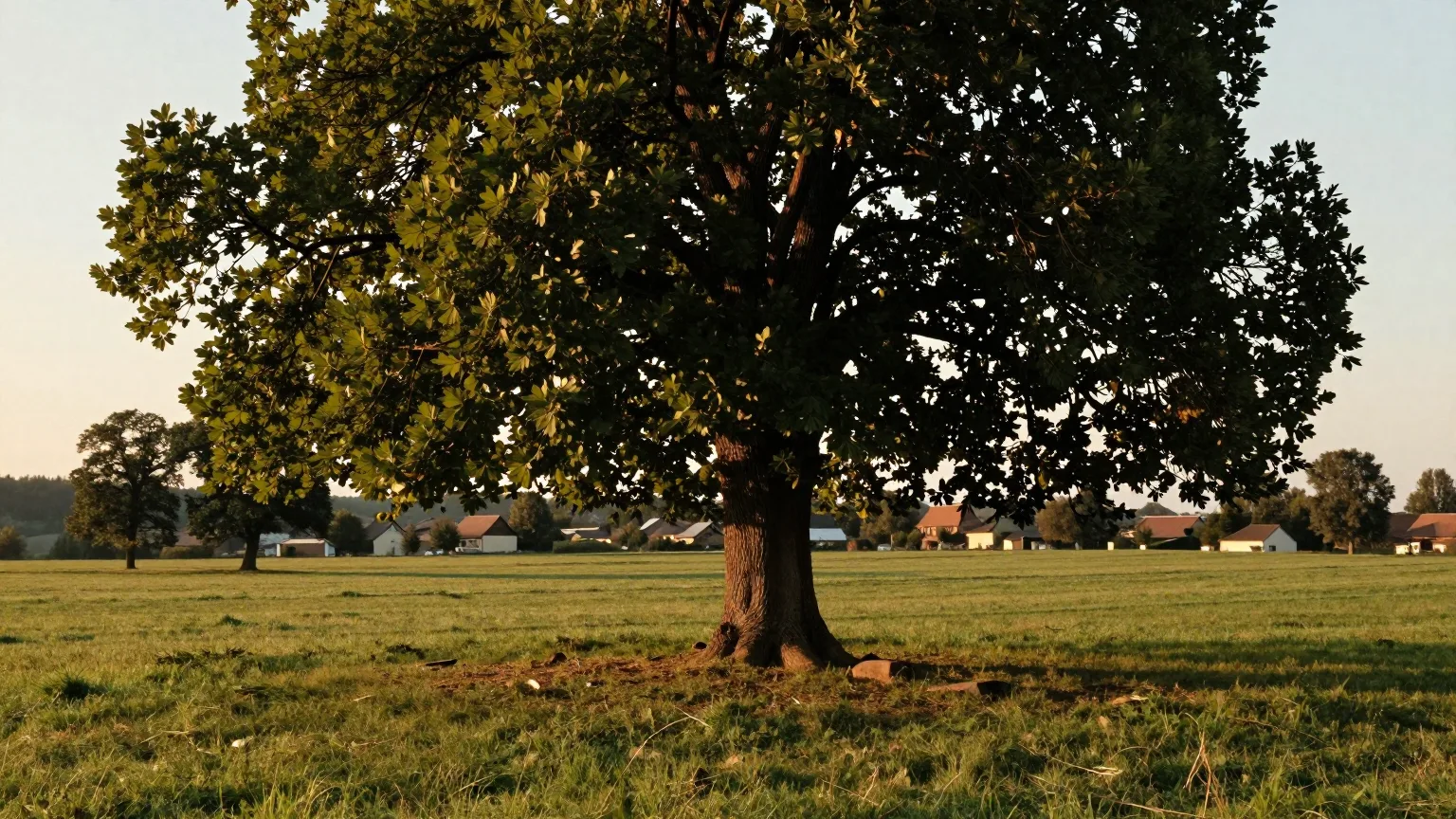 Baumgruppe an einer Wiese, weiches Licht