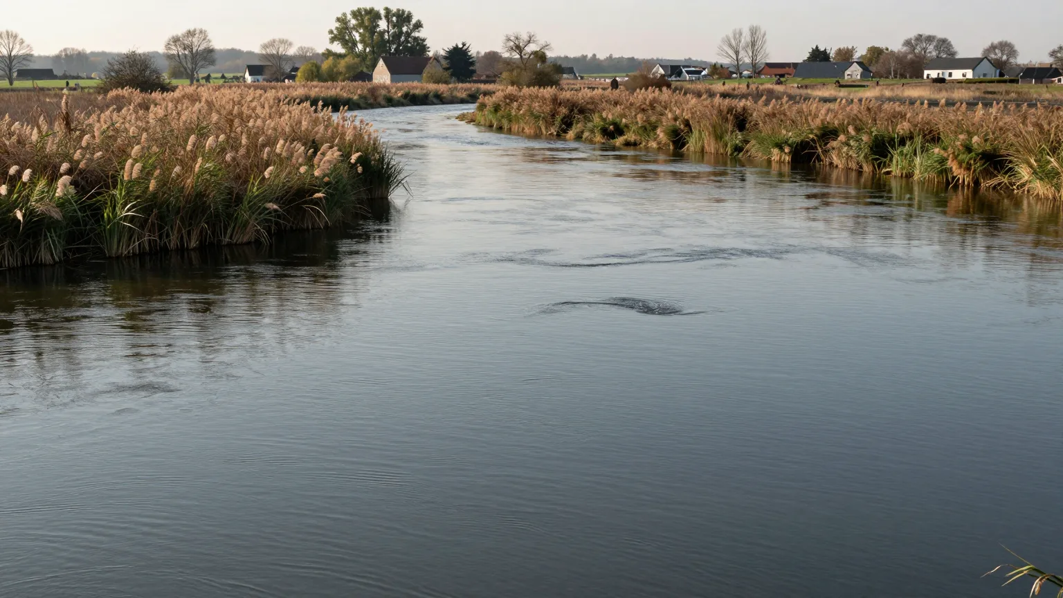 Fluss mit offenem Ufer in ruhigem Licht