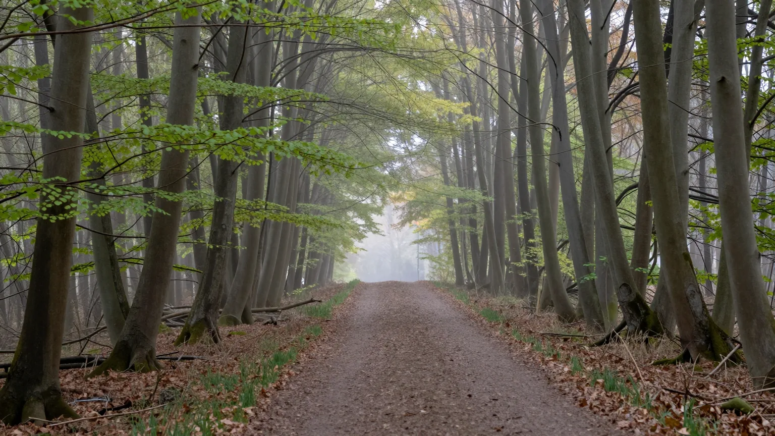 Weg durch einen nebligen Buchenwald am Morgen