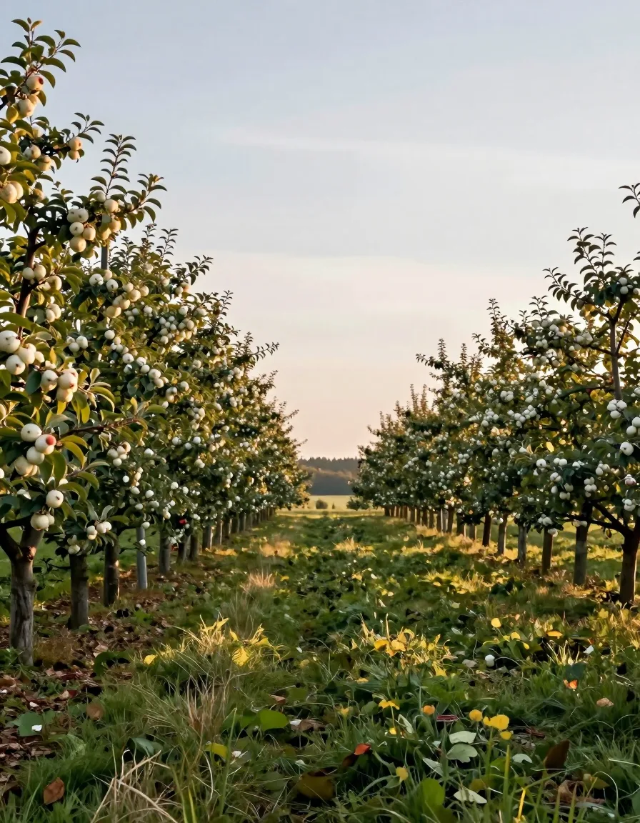 Baumreihen eines Obstgartens mit reifenden Früchten im Morgenlicht