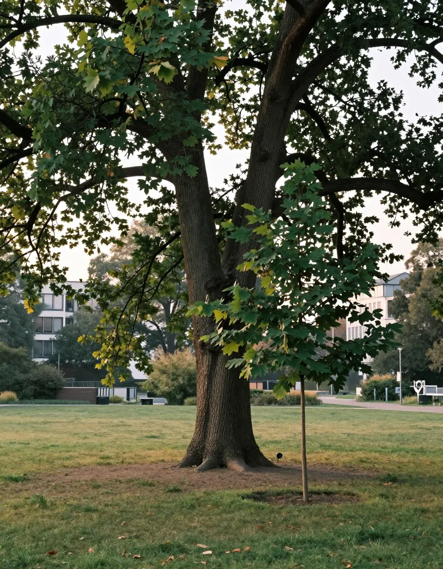 Ein alter, stattlicher Baum und ein junger Baum wachsen dicht nebeneinander auf einer Wiese