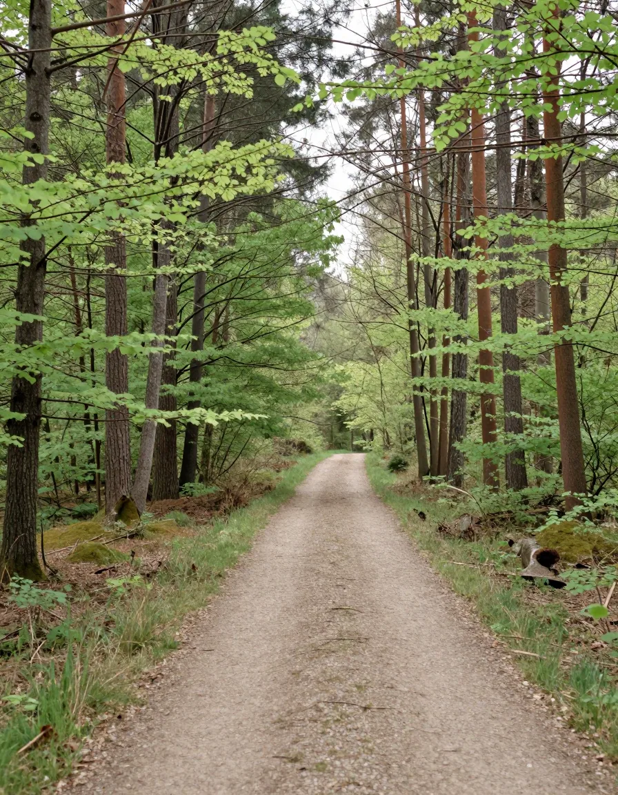 Ein schmaler Weg durch einen lichten Mischwald mit jungen und alten Bäumen