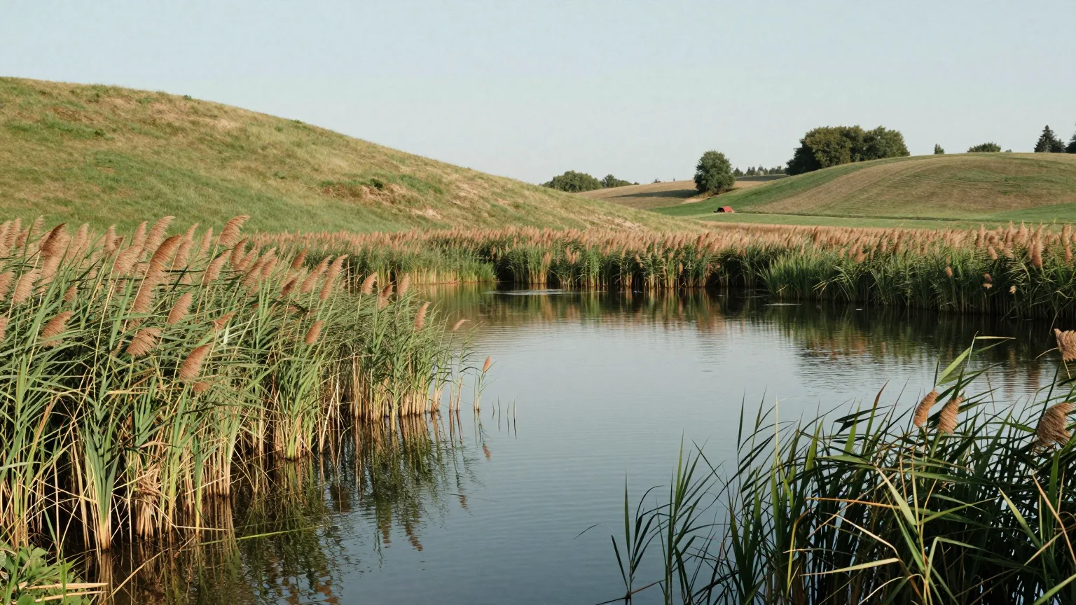Teich vor Hügel und Wiese