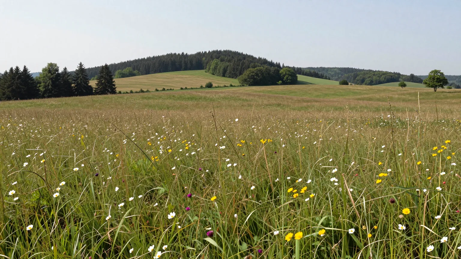 Wiese vor Hügel und Wald