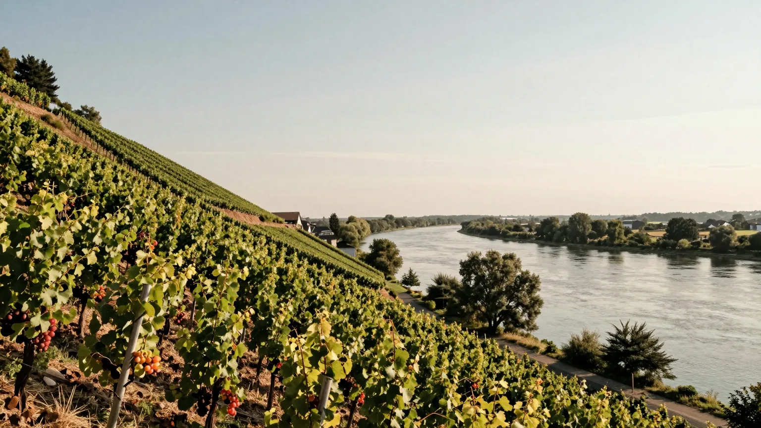 Weinberge über einem Flussufer