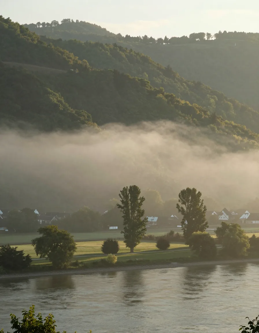 Flussufer im Morgenlicht, Nebelschwaden über ruhigem Wasser und Bäume am Ufer