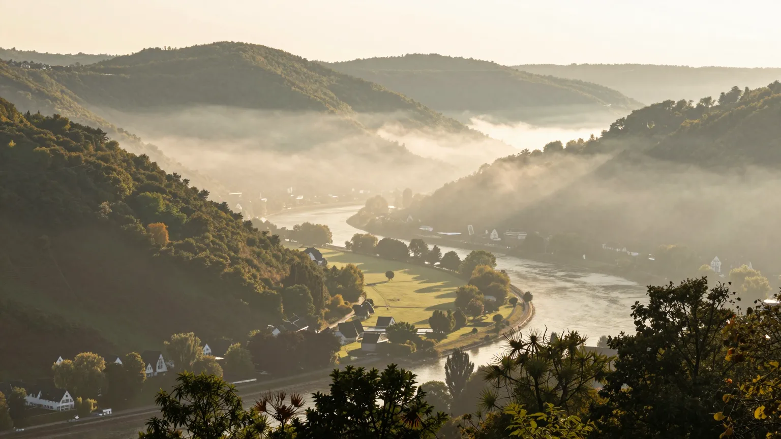 Weites Flusstal im Morgennebel zwischen bewaldeten Hügeln