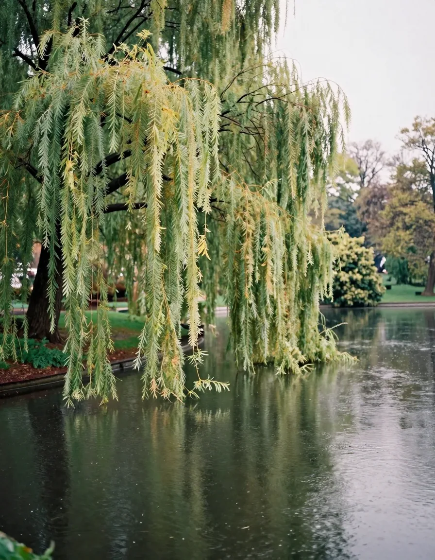Trauerweide an einem stillen Teich, gedämpftes Licht nach Regen