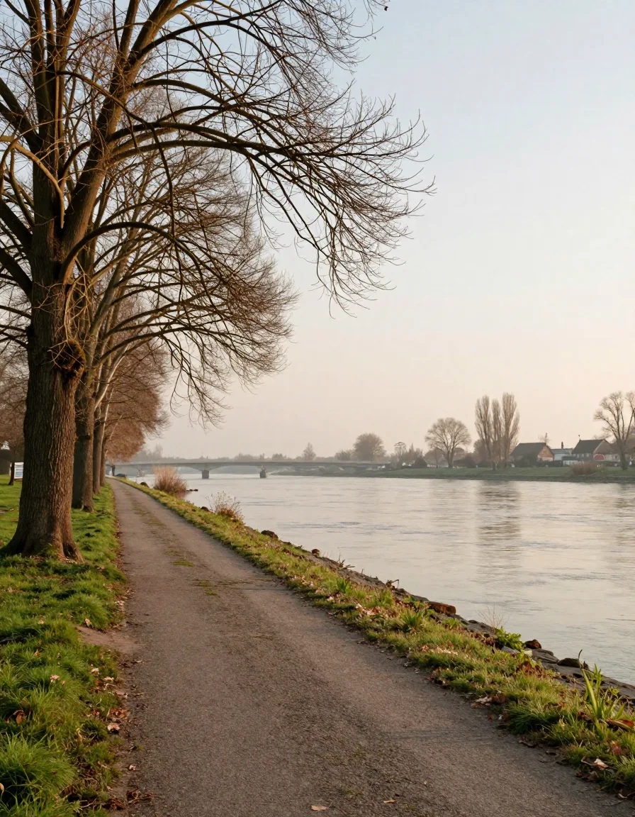 Ruhiger Uferweg mit kahlen Bäumen neben einem breiten Fluss im Morgenlicht