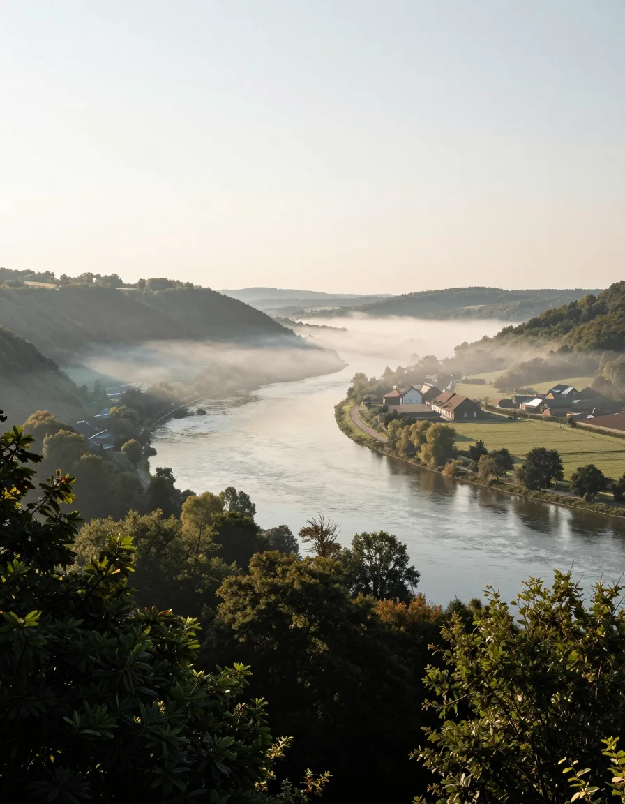 Blick von bewaldetem Hügel auf einen Fluss mit sich lichtendem Morgennebel