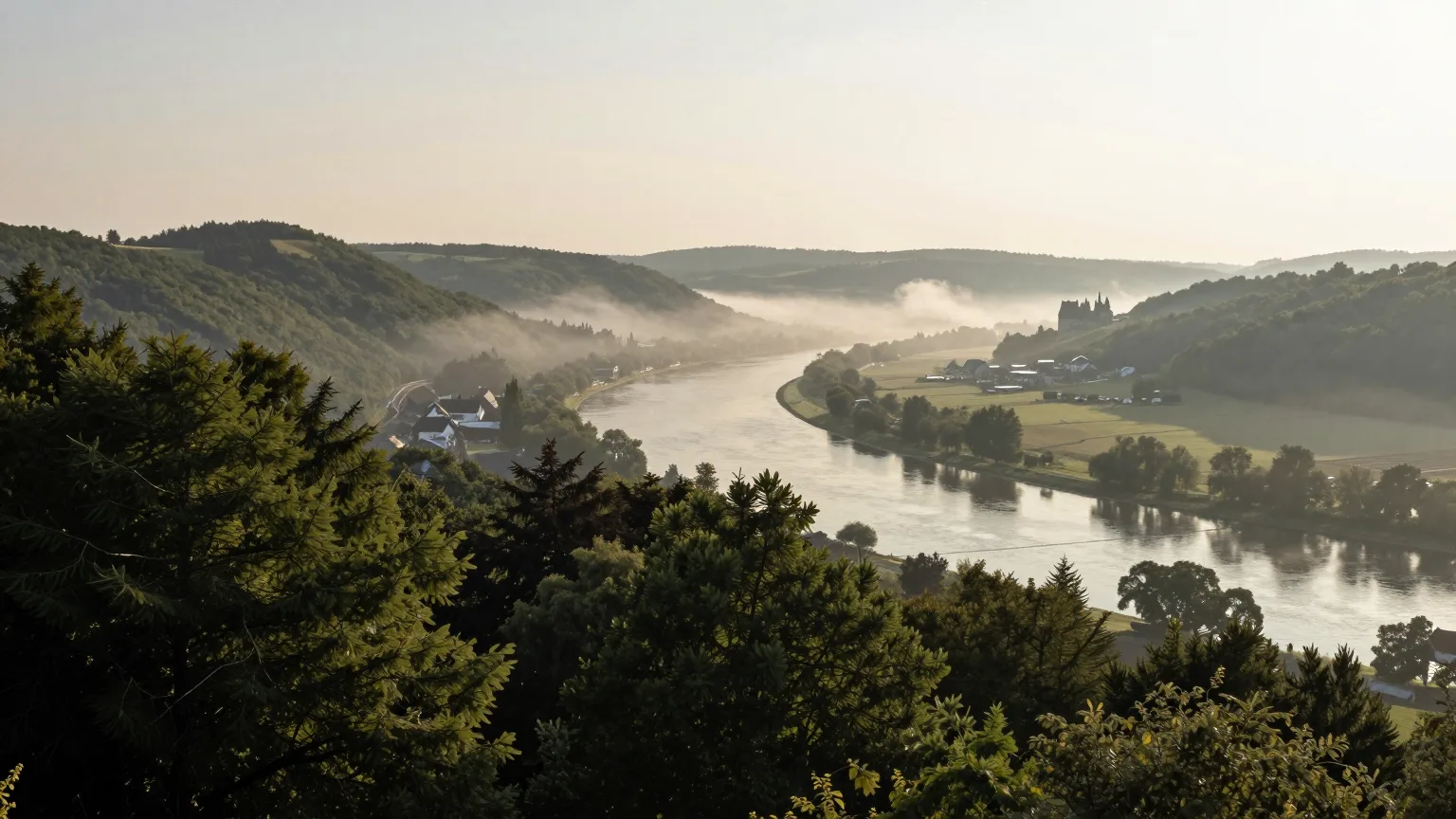 Blick über eine ruhige Flusslandschaft, Morgennebel lichtet sich über dem Wasser