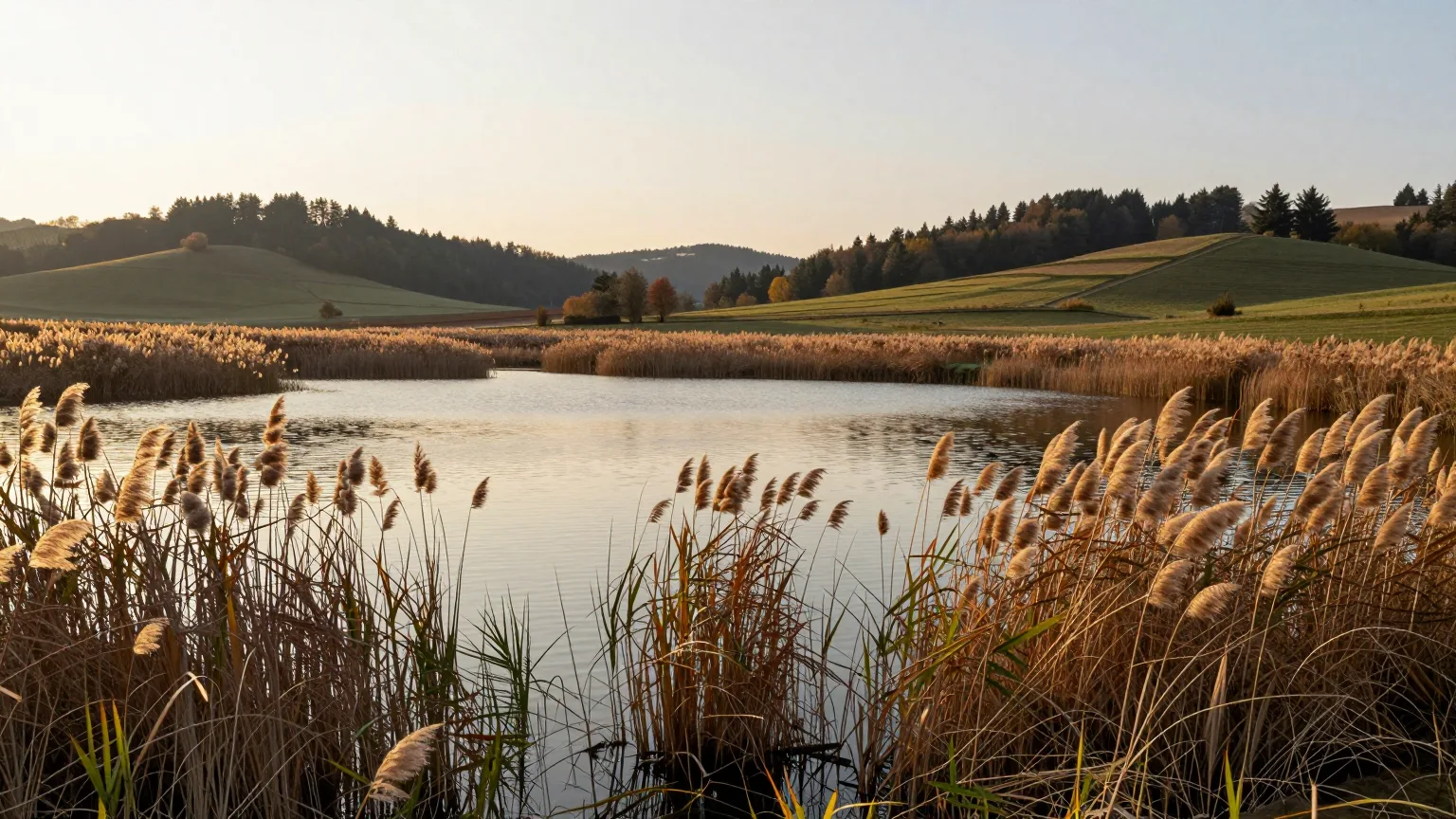 Stiller See mit Schilfufer im warmen Abendlicht