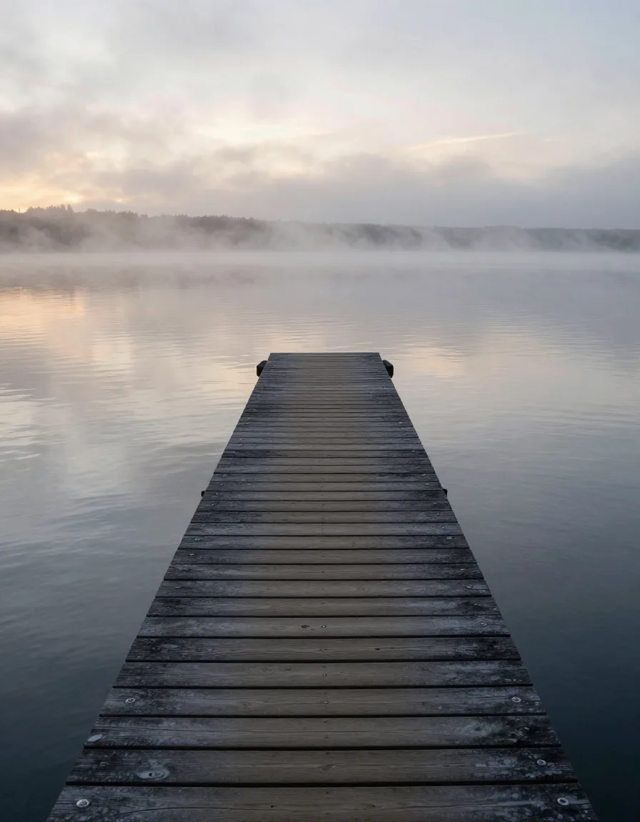 Holzsteg an einem stillen See im Morgenlicht, Nebel über dem Wasser