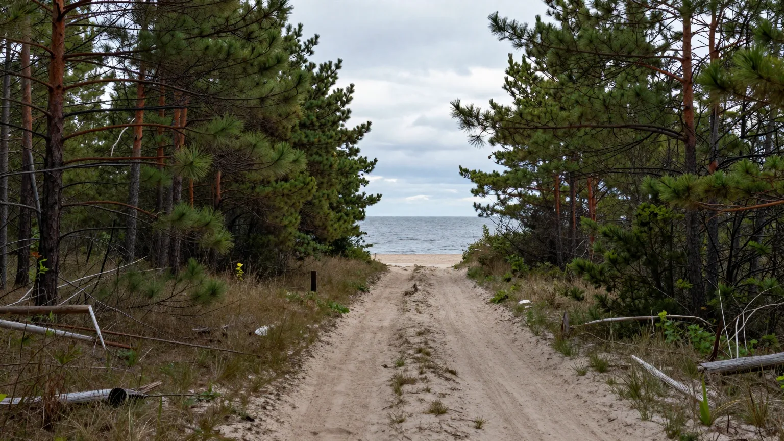 Sandweg zwischen Kiefern mit Blick aufs offene Wasser unter bedecktem Himmel
