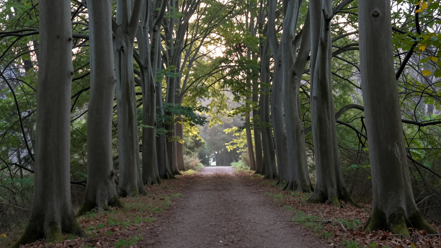 Weg durch eine Allee aus Buchen, am Ende helles Licht
