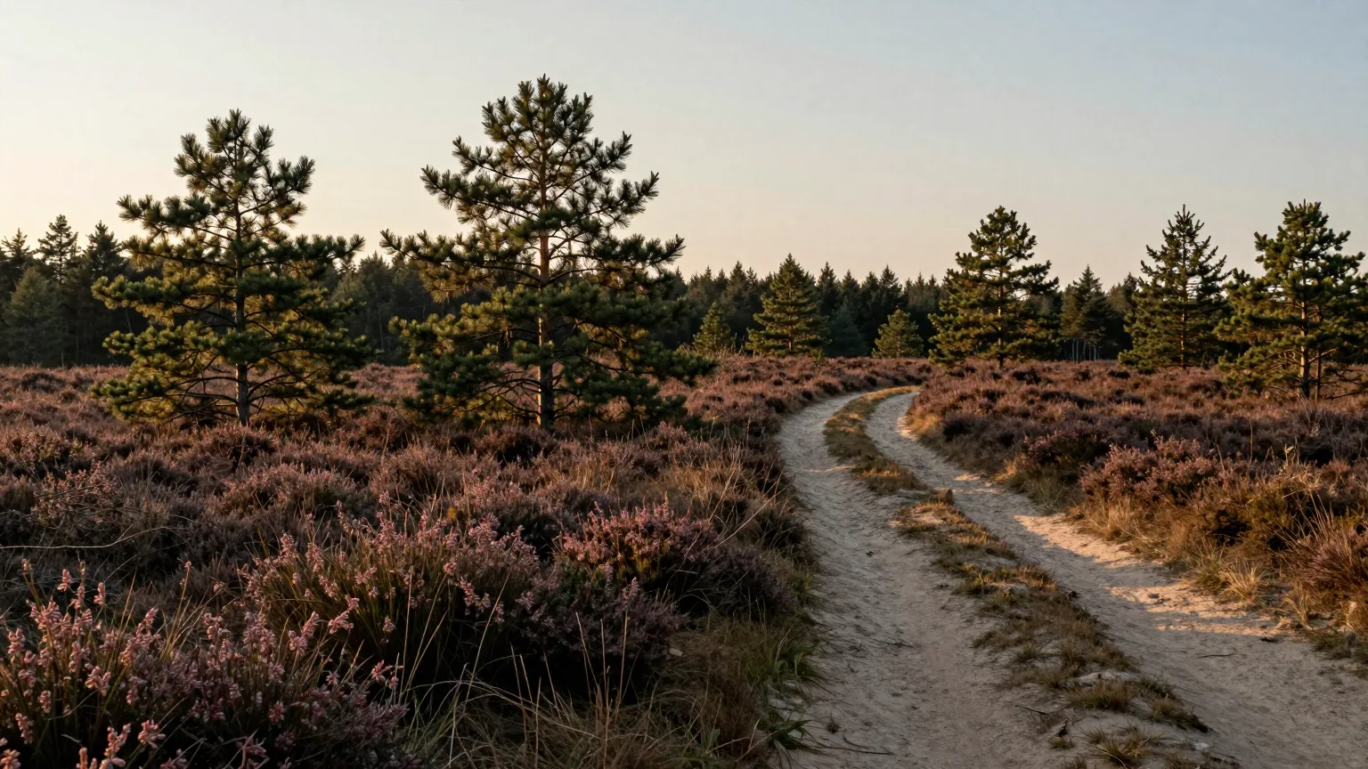 Sandweg durch eine Heidelandschaft mit Kiefern im Abendlicht