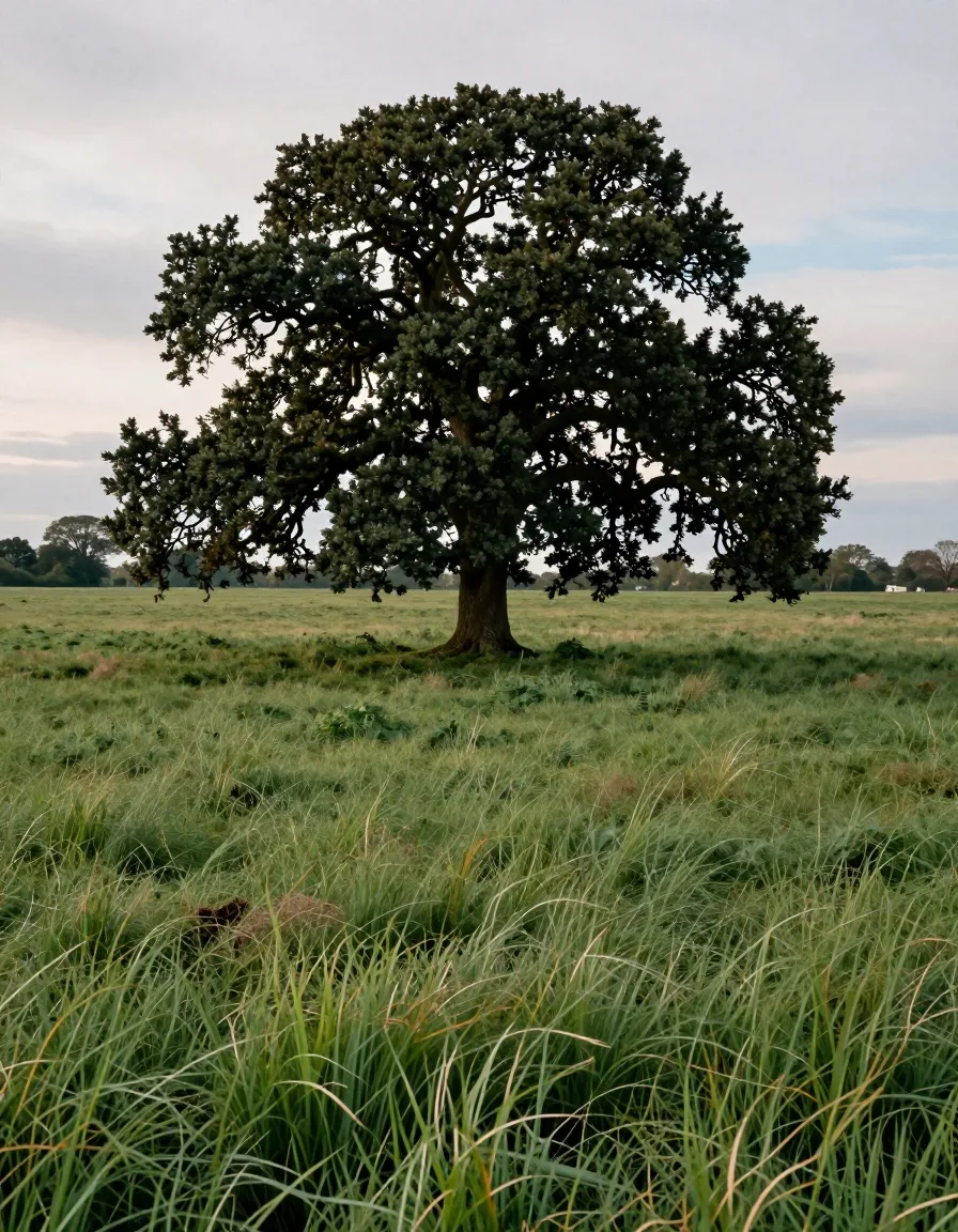 Großer einzelner Baum auf einer weiten Wiese unter bedecktem Himmel